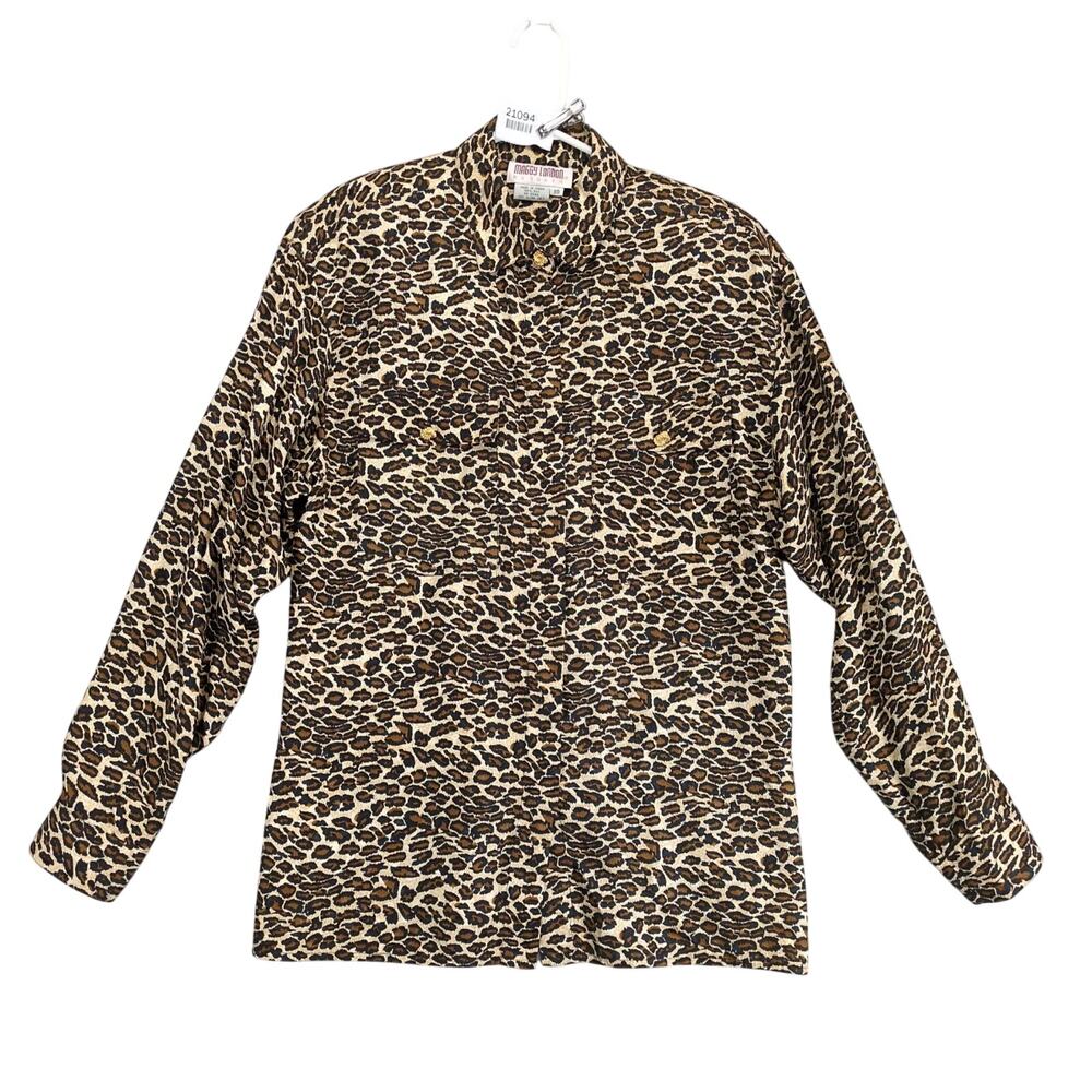 Vtg Maggy London 100% Silk Leopard Print Blouse Top Women's 10 Gold Knot Buttons